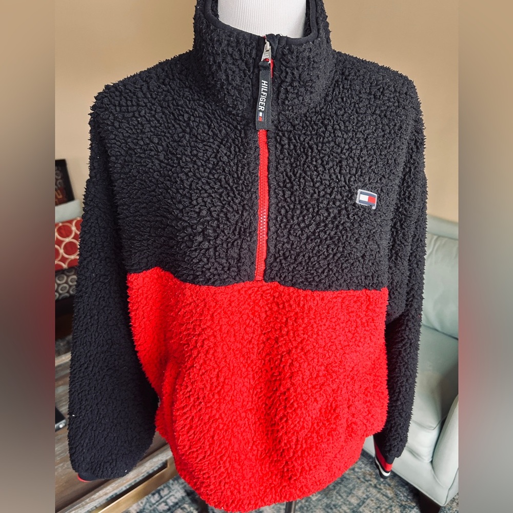 Tommy Hilfiger Sherpa Fleece Quarter Zip Pullover Colorblock Black Red Kids XL - Picture 2 of 12